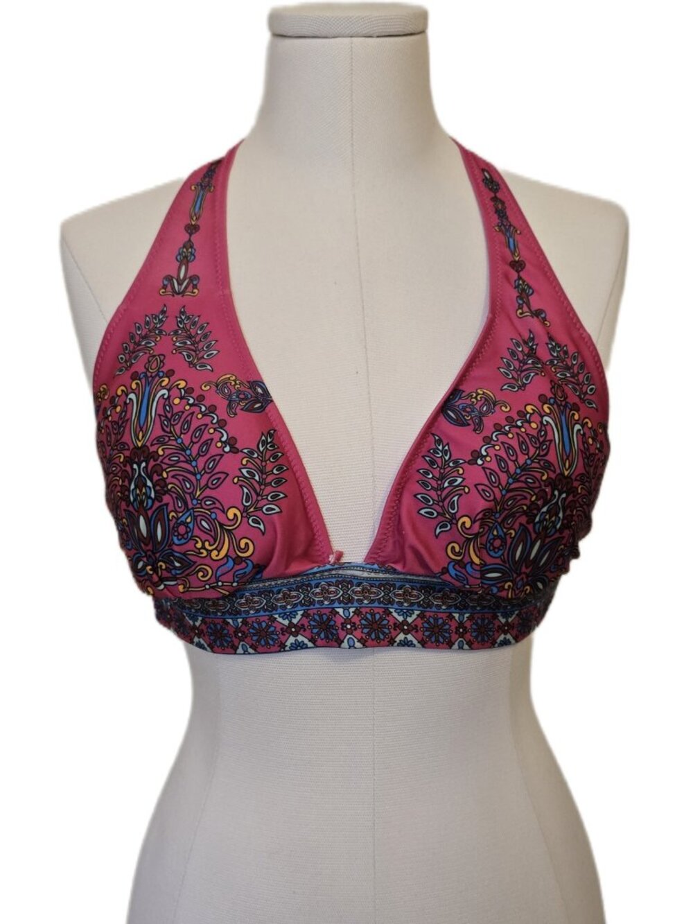 Vintage Y2K Hot Pink Paisley Floral Halter Bikini Top Boho Festival Swim Beach M